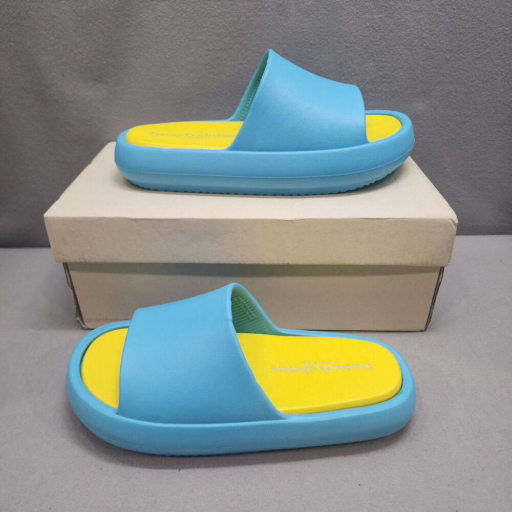J SLIDES BLUE and YELLOW EVA SQUISH BEACH‎ SLIDES Women's Size 9 NEW IN BOX